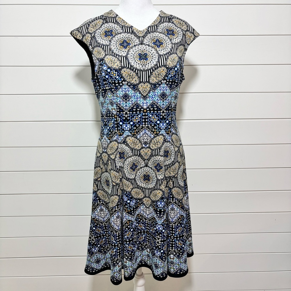 Adorne Naya Scuba Dress in Blue and Golden Yellow Fit and‎ Flare Size 10